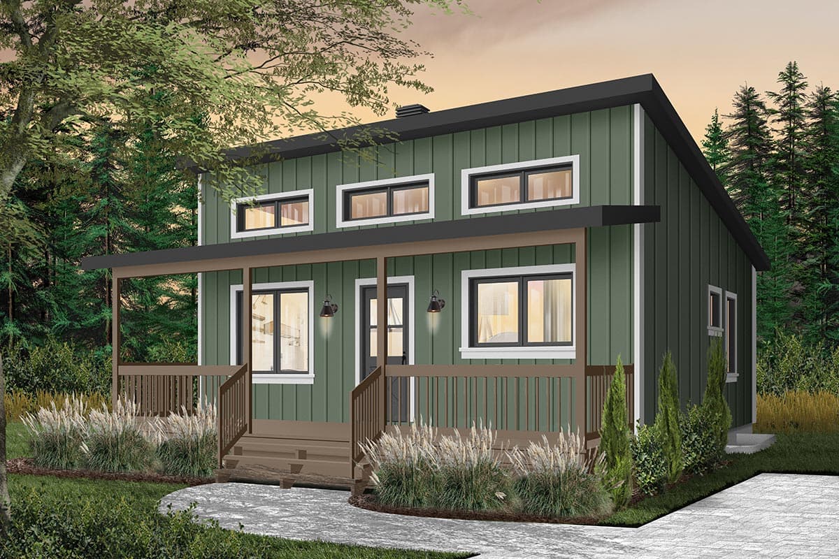 House plan exterior: Modern style, single-story home with a covered porch, vertical siding, and upper-level clerestory windows.