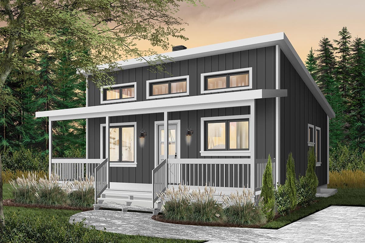 Modern house plan exterior with a covered porch, white railings, and horizontal siding. Two stories with narrow upper windows.
