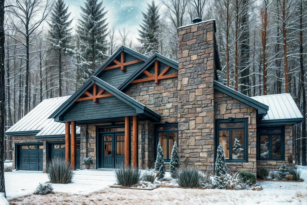 A stone-clad cabin nestled in a snowy forest, with a prominent chimney and dark blue accents. Bushes and small evergreens dot the snowy landscape.