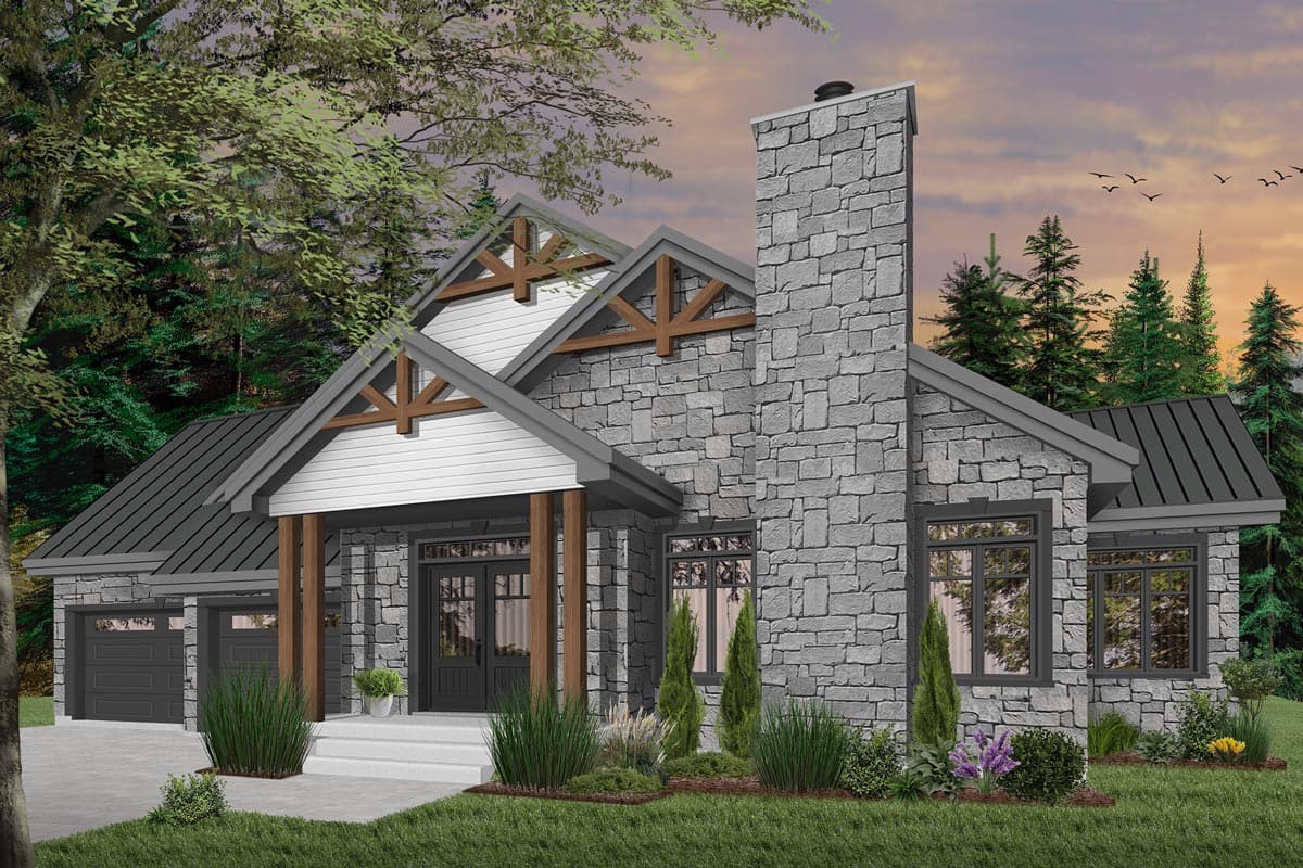 A stone-clad house with a prominent chimney, gray roof, and wooden accents. The home is surrounded by trees, with a view of the sky.
