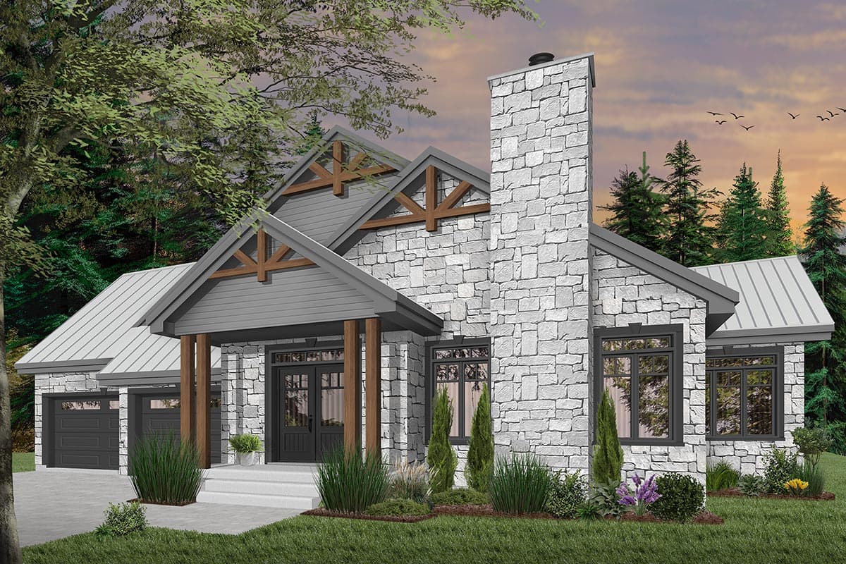 A stone-clad house with a large chimney stands against a backdrop of trees and a sunset sky. The home features a covered entrance and a garage.