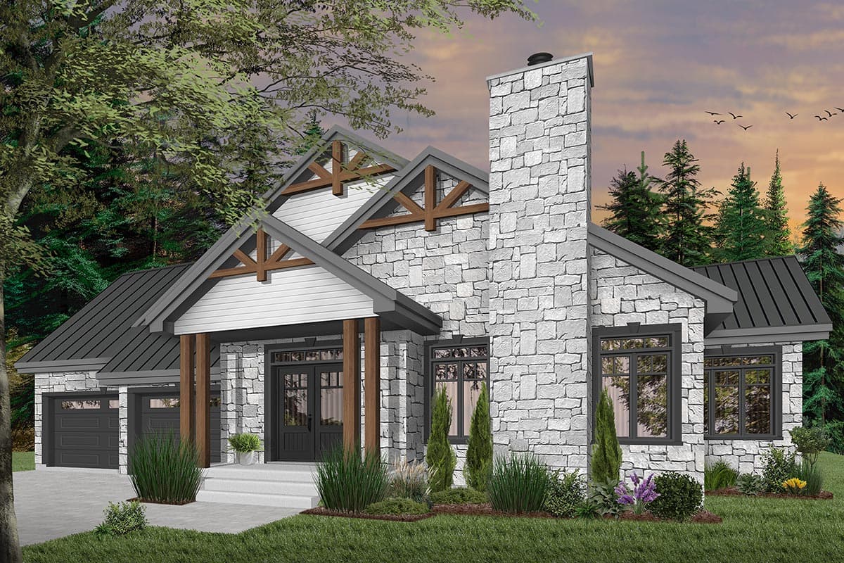 Architectural rendering of a stone-clad house. A large chimney, dark roof, and wooden beams accent the modern design set against a forest backdrop.