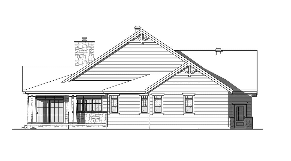Architectural line drawing of a one-story house with a gabled roof, stone chimney, and front porch with pillars and windows.