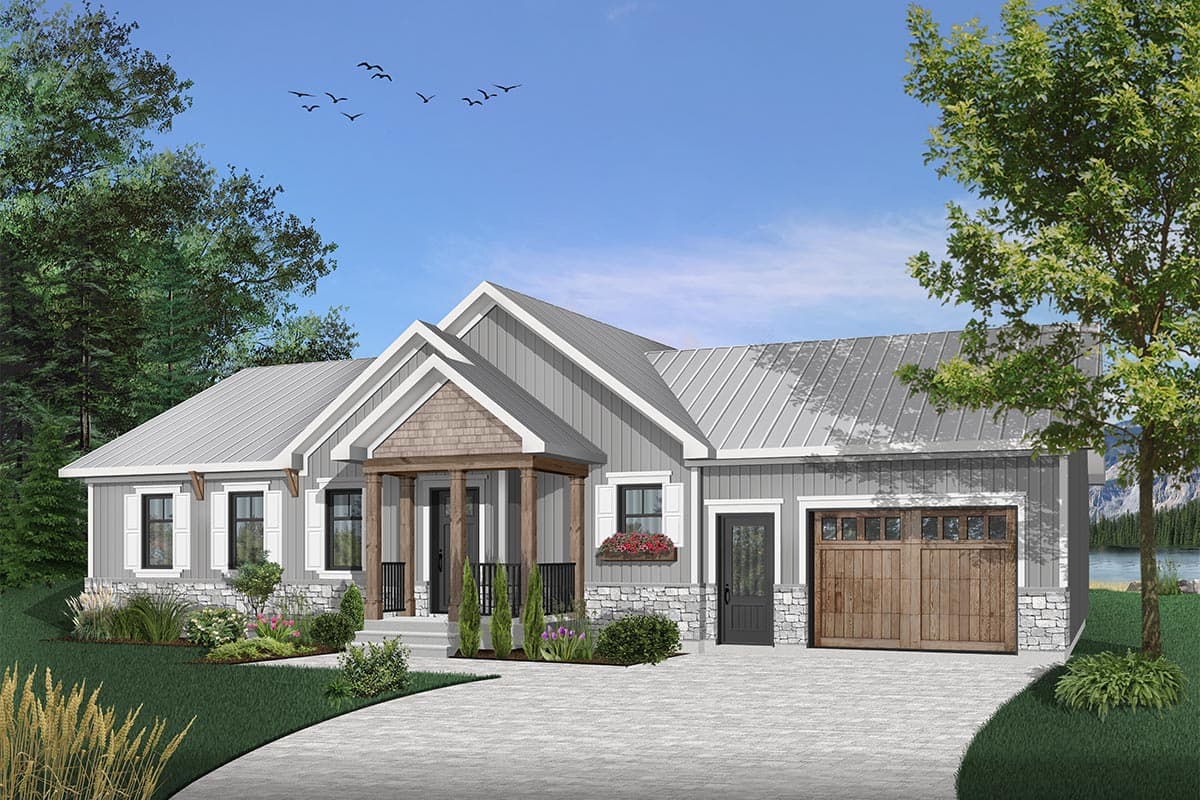 House plan exterior: One-story modern farmhouse with metal roof, covered front porch with stone accents, and attached garage.