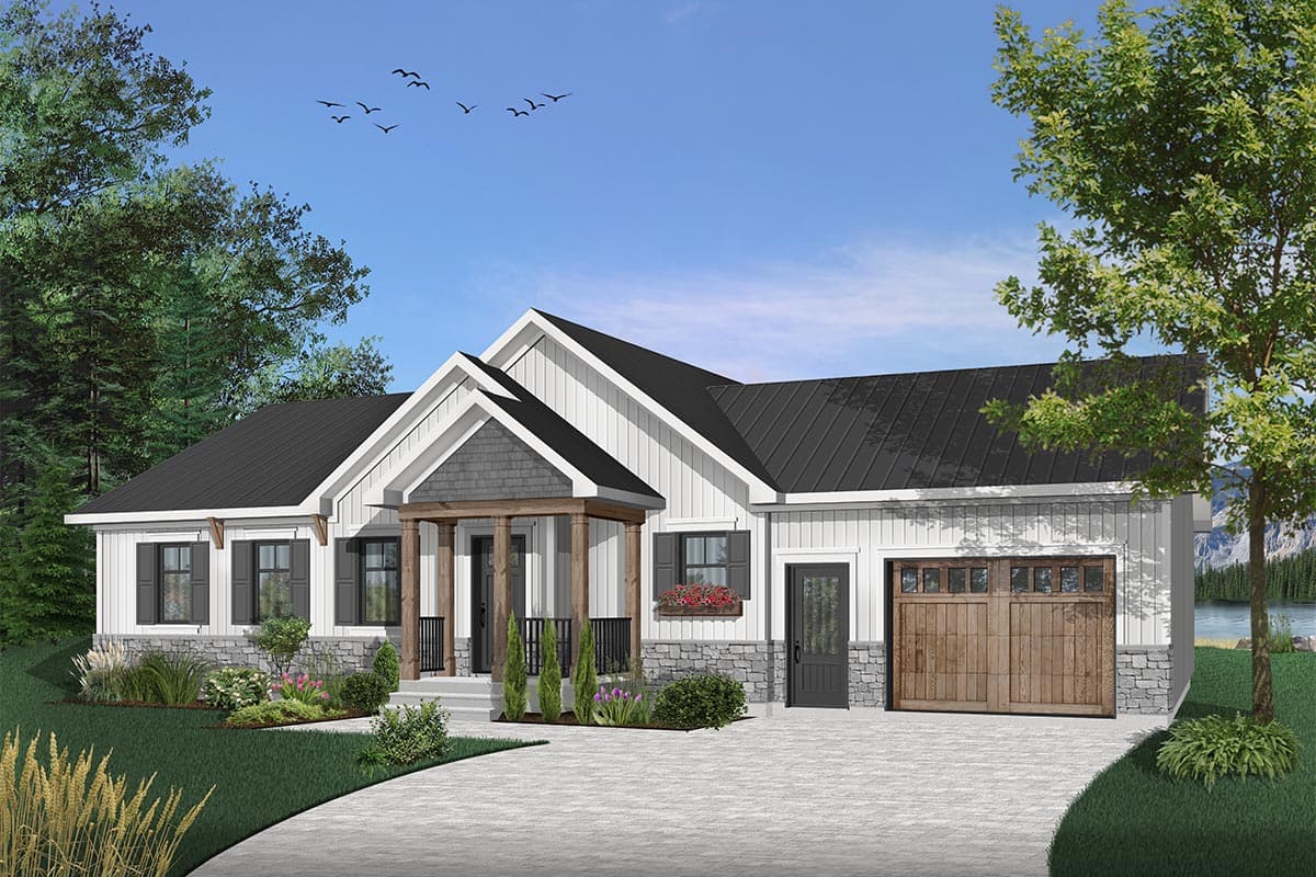 House plan exterior rendering. Modern farmhouse style with a single story, a front porch, gables, and a detached garage.