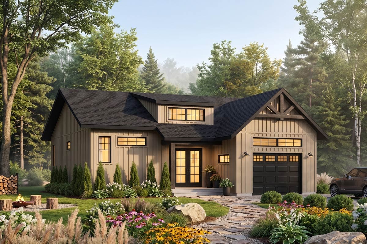 House plan exterior. Modern Farmhouse style with board-and-batten siding, a gable roof, and a single-car garage with a horizontal door.
