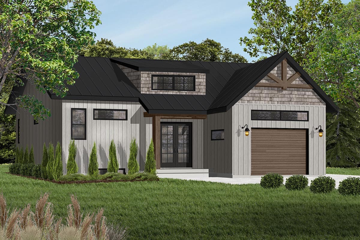 Modern Farmhouse house plan exterior with a dormer, board-and-batten siding, shaker shingles, and attached garage.