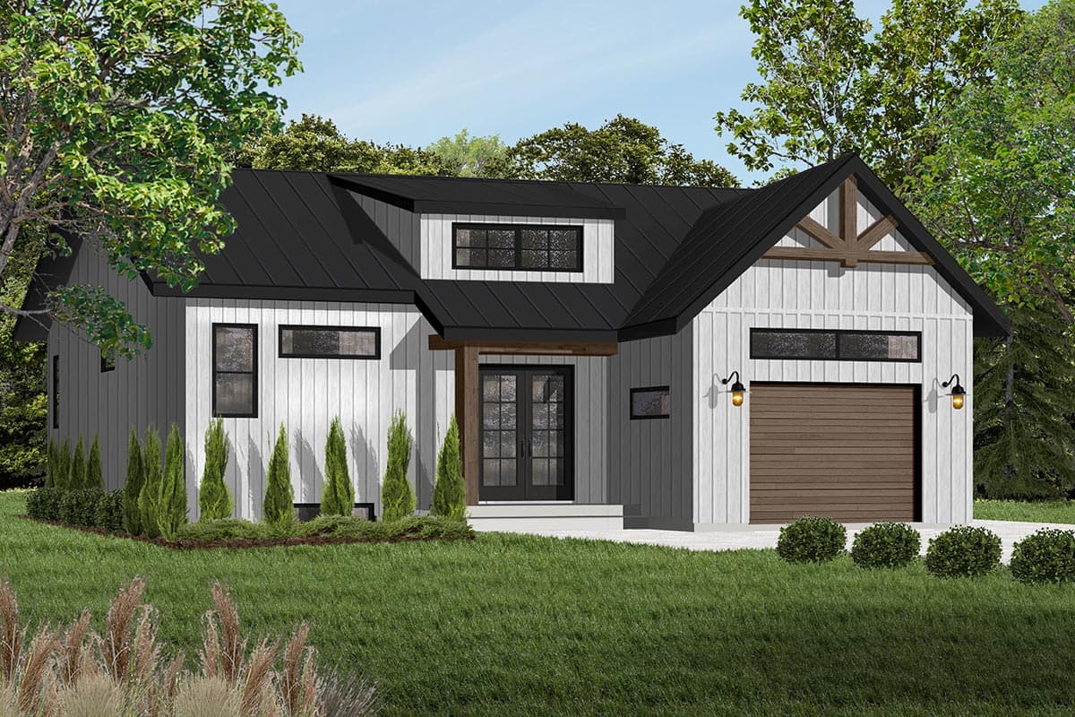 House plan exterior. Modern Farmhouse style with board-and-batten siding, a gable roof, and a single-car garage with a horizontal door.