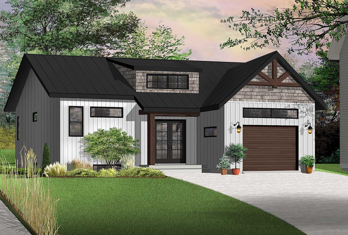 Modern Farmhouse house plan exterior with board and batten siding, metal roof, dormer, and attached garage.