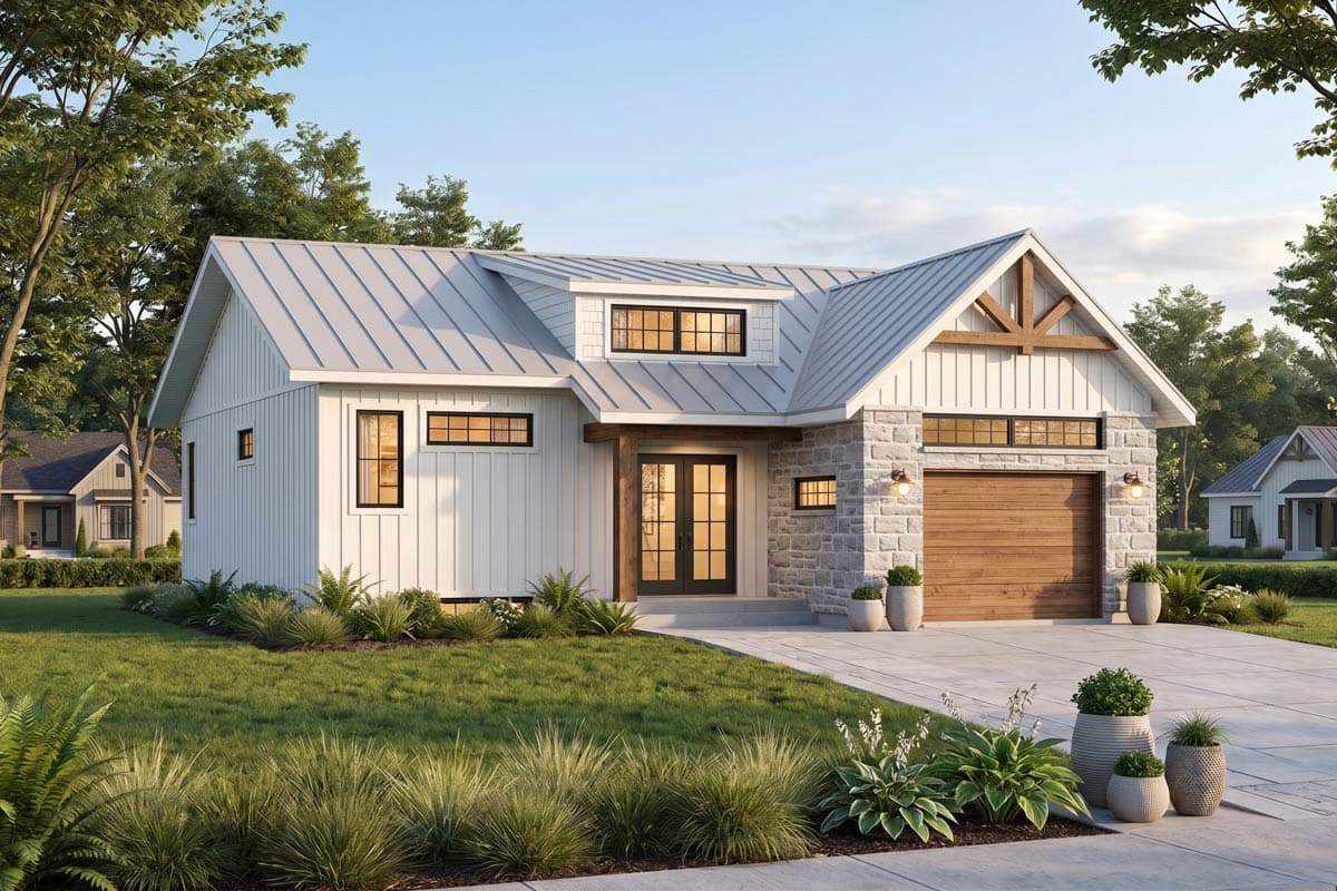 House plan exterior with board and batten siding, gable roof, and stone-clad garage. Features a timber-framed entry and a dormer window.
