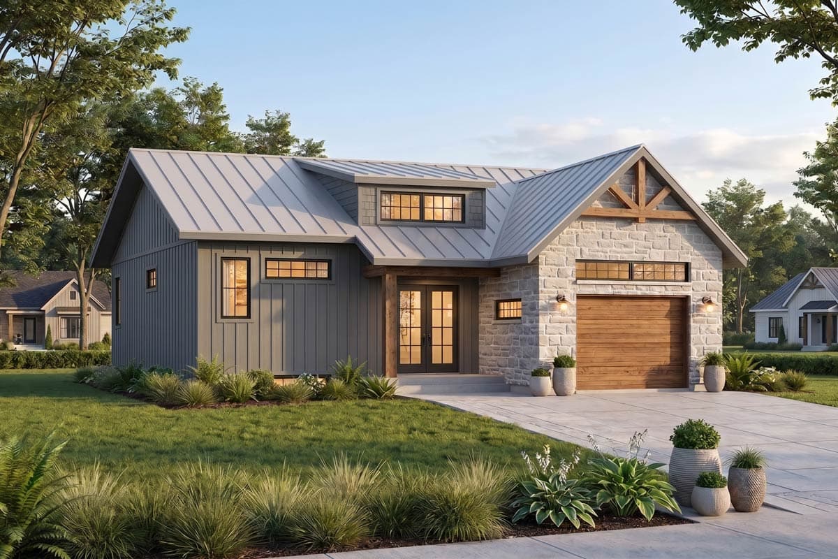 House plan exterior: Modern style, two stories, gable roof, dormer window, attached garage, stone and vertical siding.