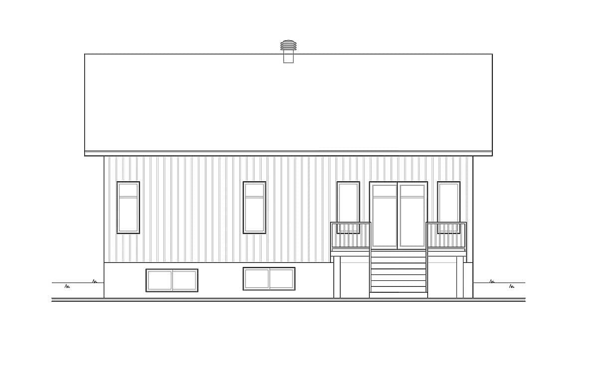 House plan elevation drawing, rear view of a one-story house with vertical siding, double doors, and two balconies.