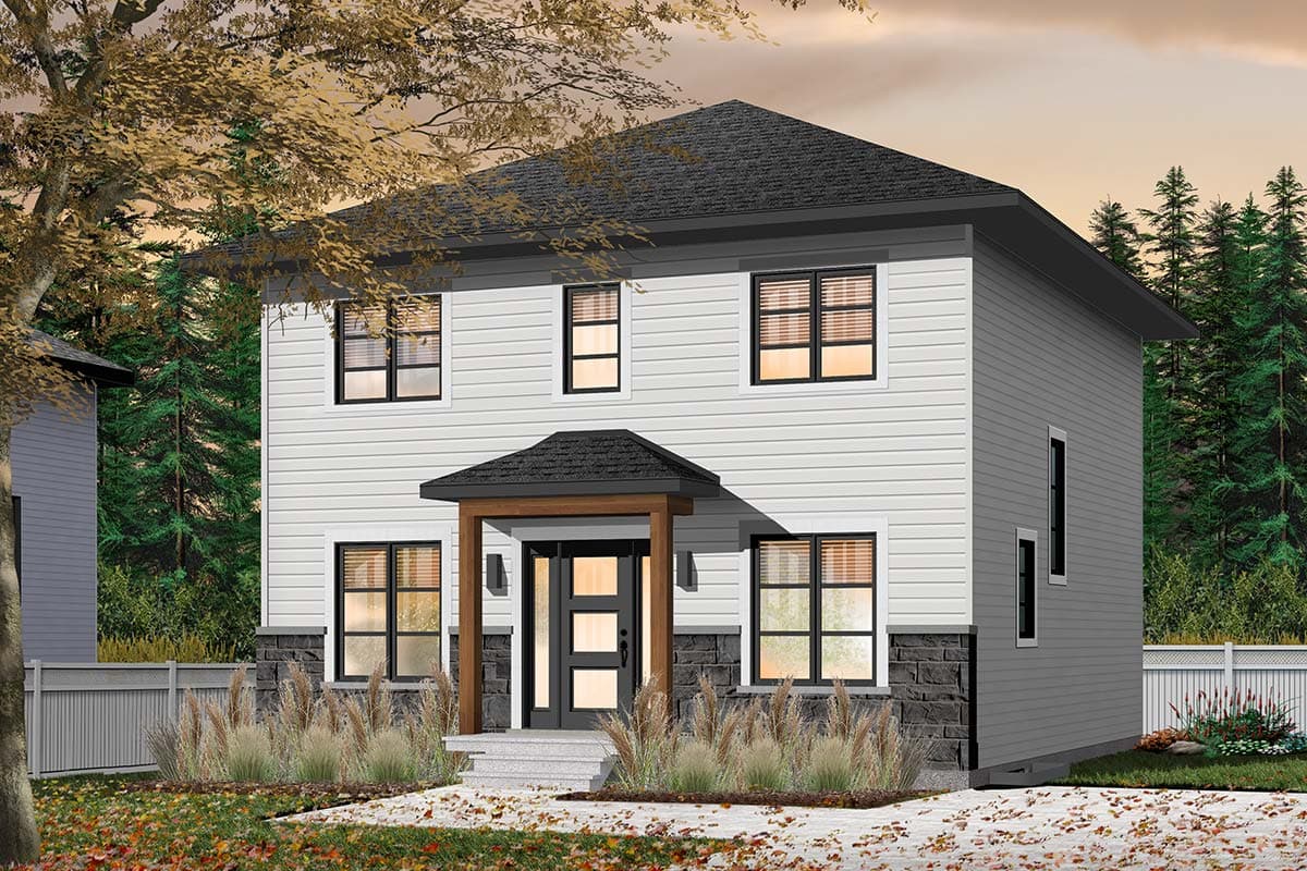 Two-story house plan exterior with a covered entry porch, stone accents, horizontal siding, and a dark pitched roof.