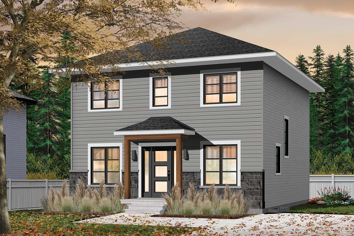House plan exterior. Two-story, contemporary style home with a flat roof and entry porch. Features include horizontal siding and stone veneer accents.