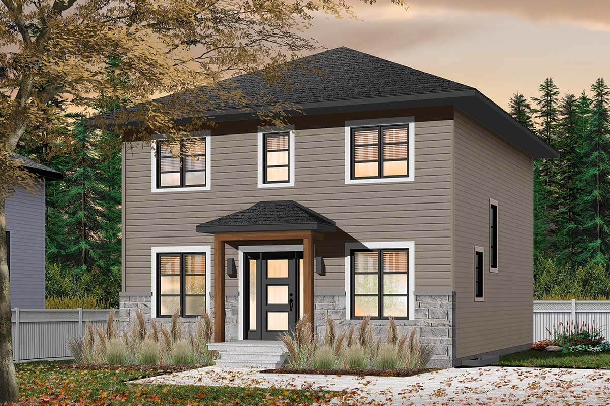 House plan exterior: Two-story dwelling with a covered entryway, stone foundation, horizontal siding, and multiple windows.