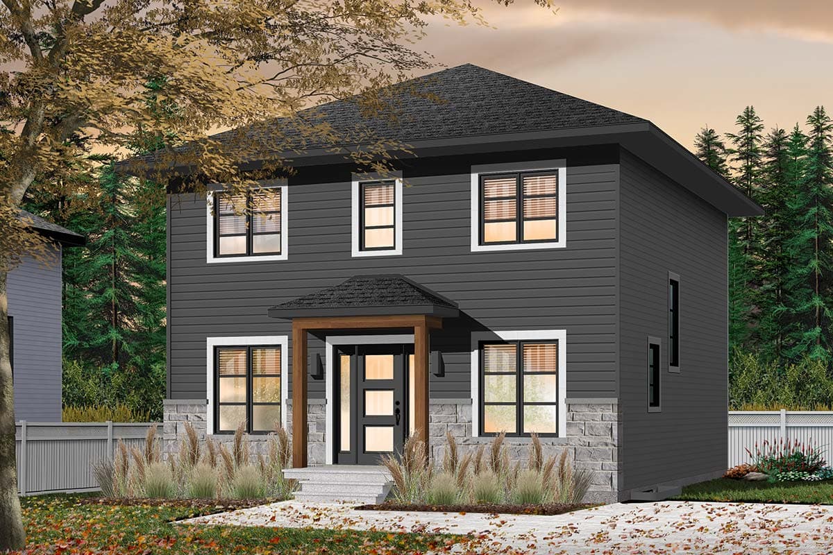 House plan exterior: Two-story modern home with a prominent covered entryway, stone foundation, and dark siding.