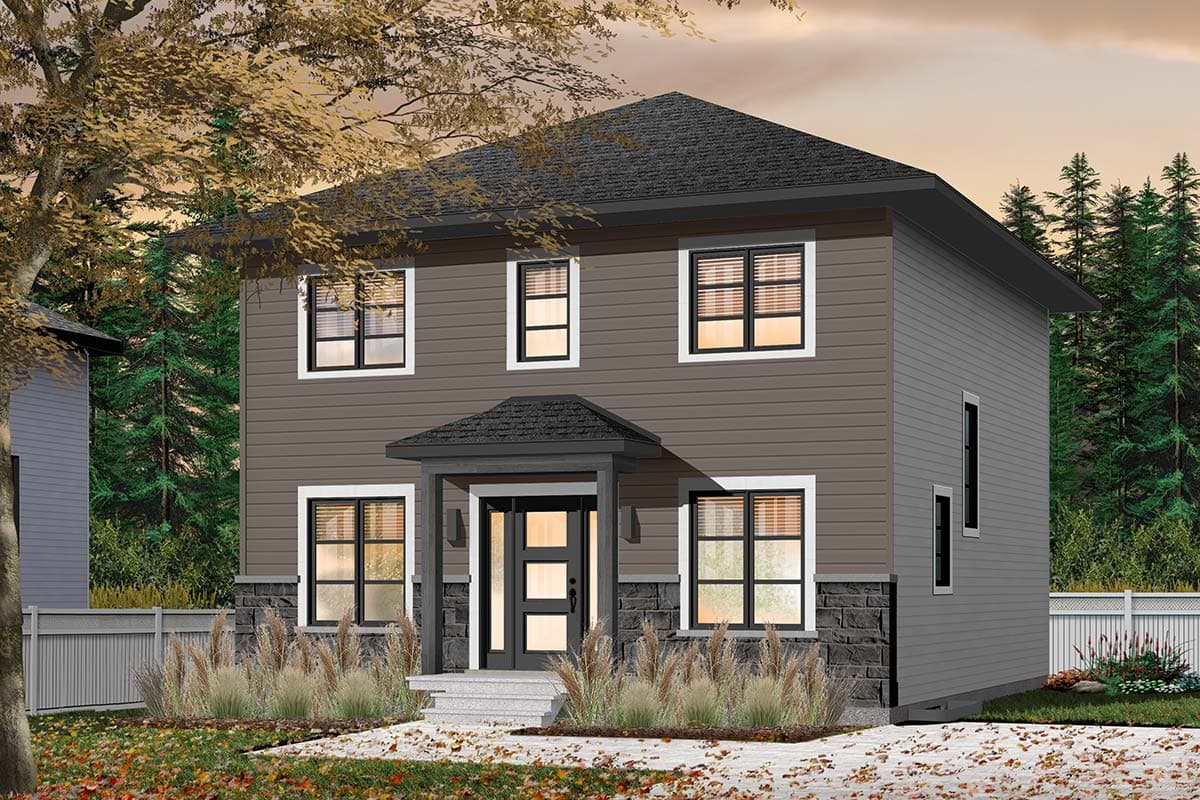 Two-story house plan exterior with a covered entryway, stone foundation, and multiple windows.
