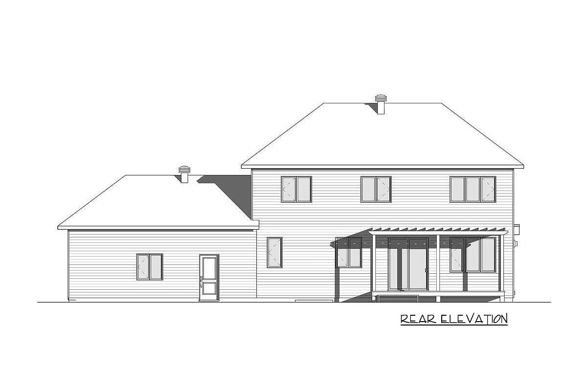 A black-and-white architectural drawing depicts the rear elevation of a two-story house with a porch, several windows, and a detached side section.