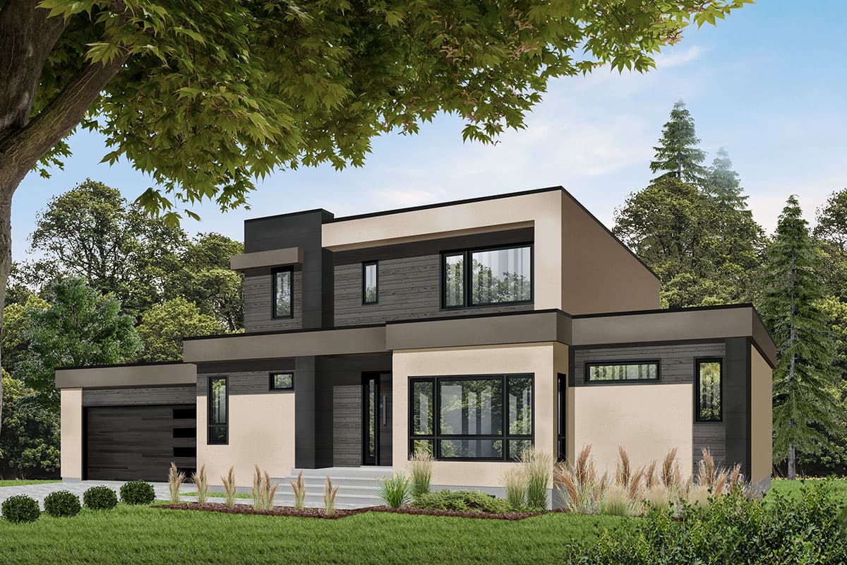 Modern house plan exterior with a flat roof, two stories, and an attached garage. Features include large windows and contrasting facade materials.