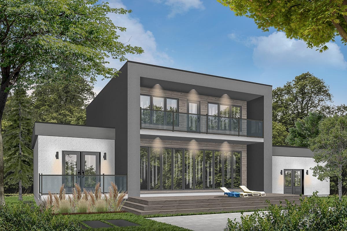 Modern house plan exterior with two stories, large glass doors, second-story balcony, and flat rooflines.