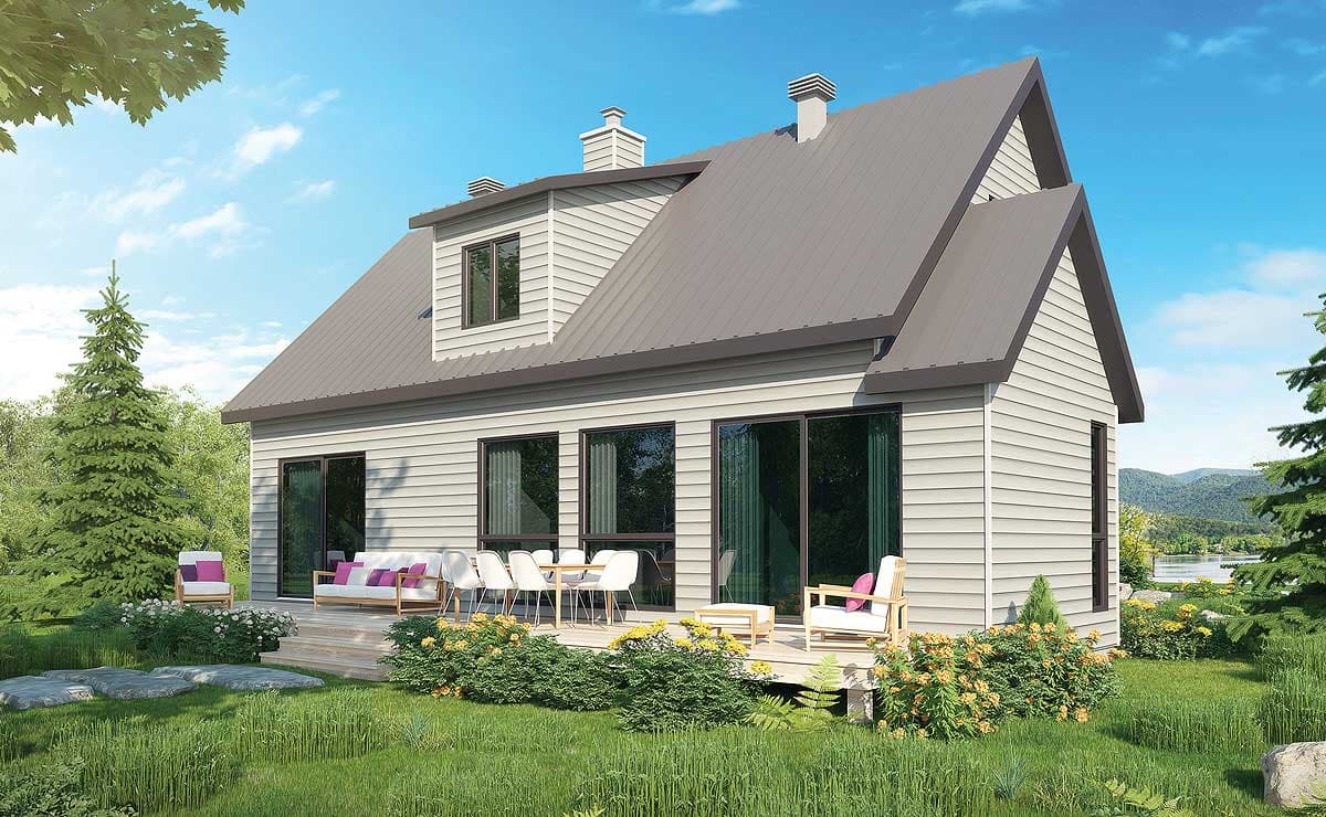 House plan exterior rendering: Two-story home with a dormer, gabled roof, and a deck with outdoor furniture.