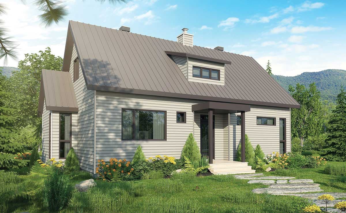 House plan exterior. One-story house with shed dormer, metal roof, and covered front porch. Features include gable roof detail and horizontal siding.
