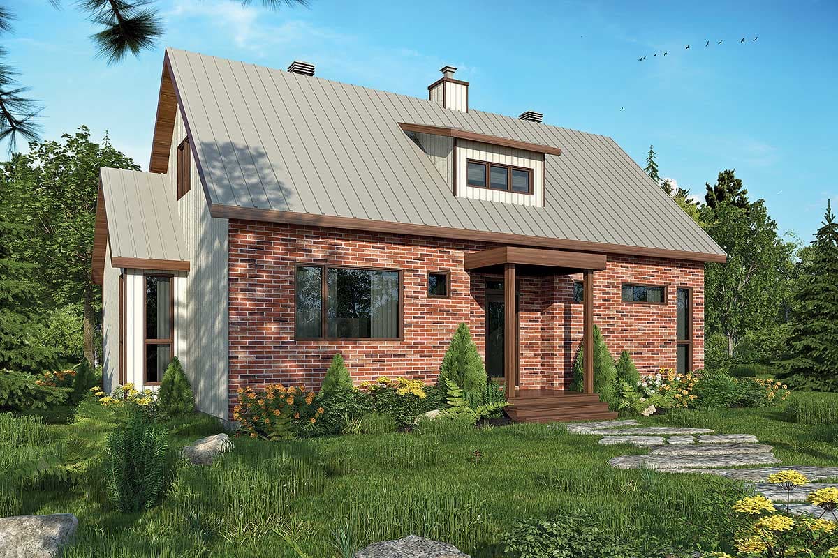 House plan exterior with brick facade, metal roof, and gabled roofline. Features include a front porch with a shed roof and dormer windows.
