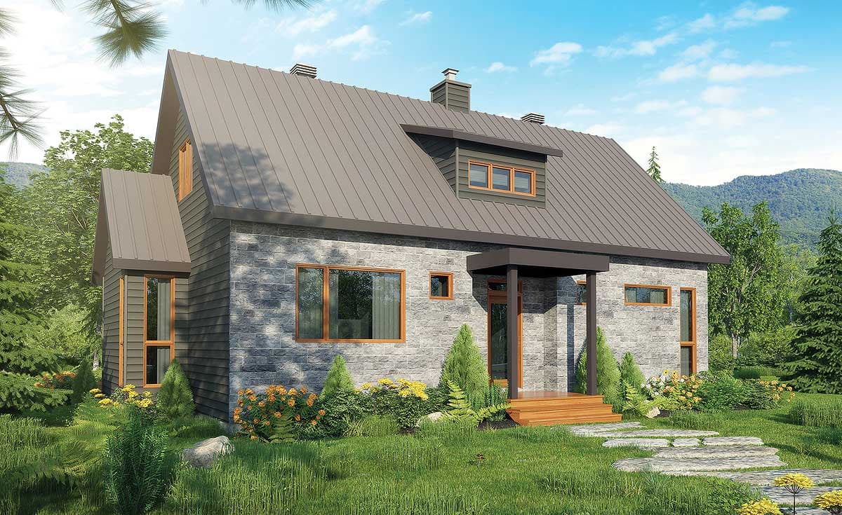House plan exterior of a two-story home with stone and siding, featuring a metal gable roof, dormer, and covered entry.
