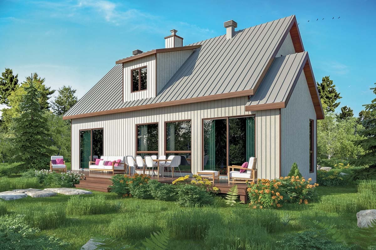 Modern Farmhouse house plan exterior with standing seam metal roof, dormer, and deck with outdoor seating.