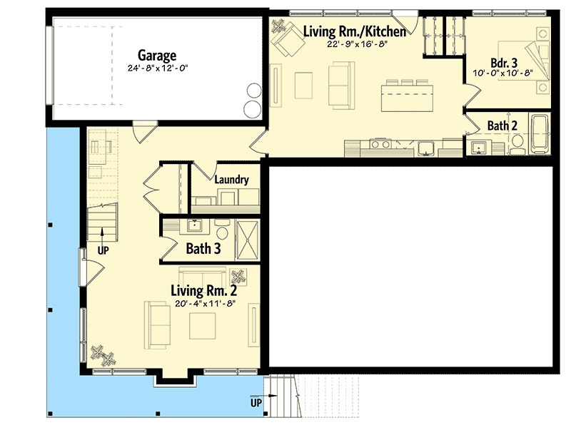 Plan 22466DR: Mid-Century Modern Multi-Generational House Plan for a Sloping Lot - Floor Plan - Finished Ground Level - Contemporary, Mid Century Modern, Modern, Northwest