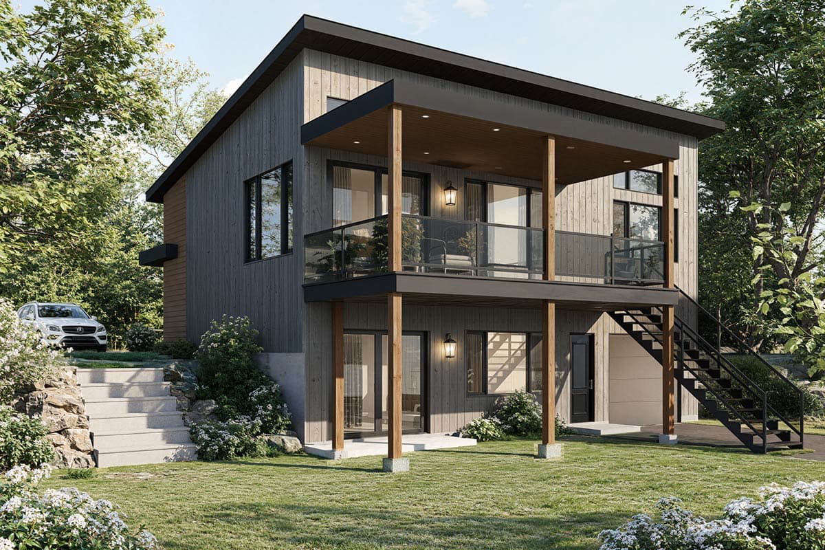 Modern house plan exterior with two stories, a cantilevered upper deck with glass railings, and a sloped roof.