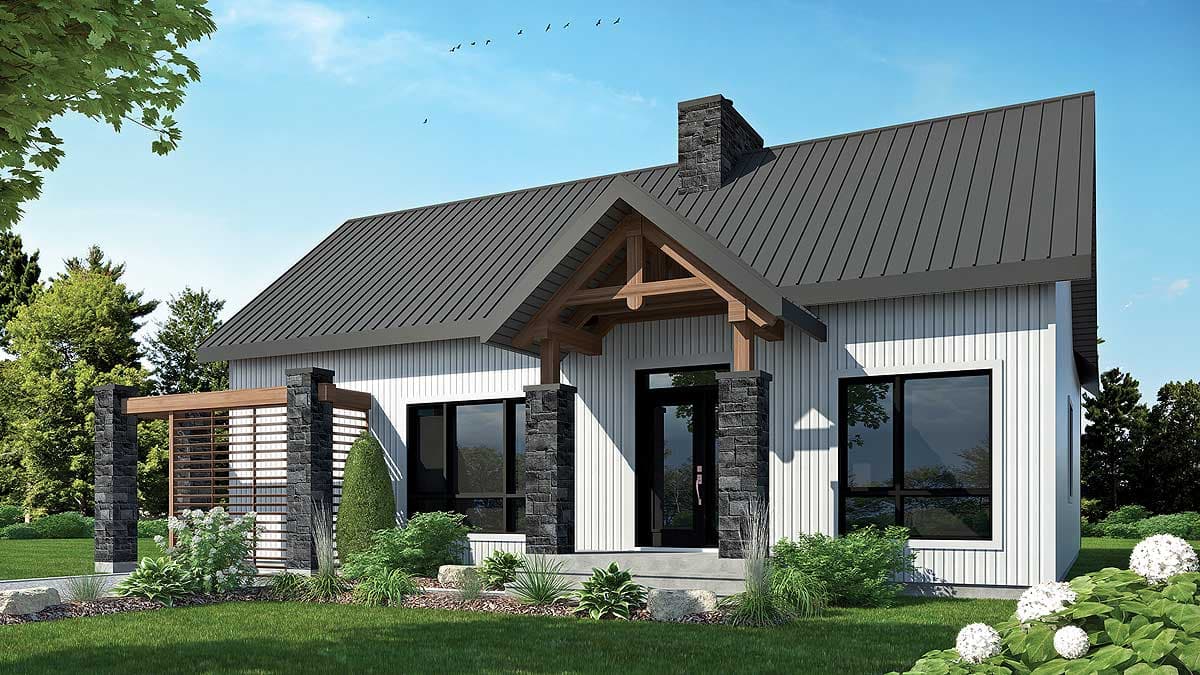 House plan exterior with board and batten siding, timber-framed entry porch, stone-clad columns, and a standing seam metal roof.
