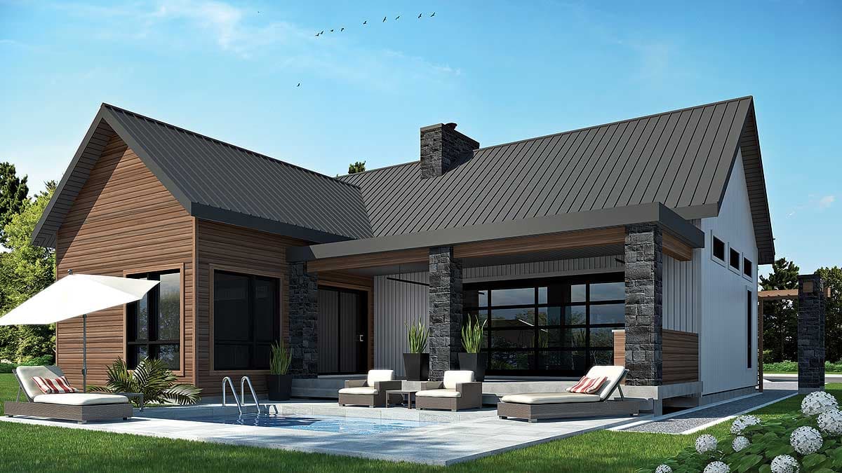 Modern house plan exterior with metal roof, wood siding, stone accents, gabled roofline, and covered porch with columns.