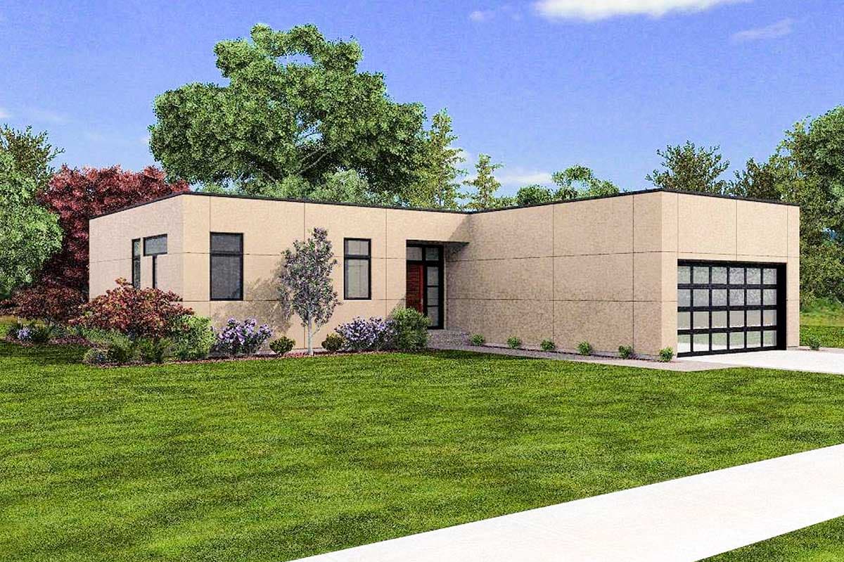 Modern house plan exterior, one story, with flat roof, large windows, and attached garage with glass door.