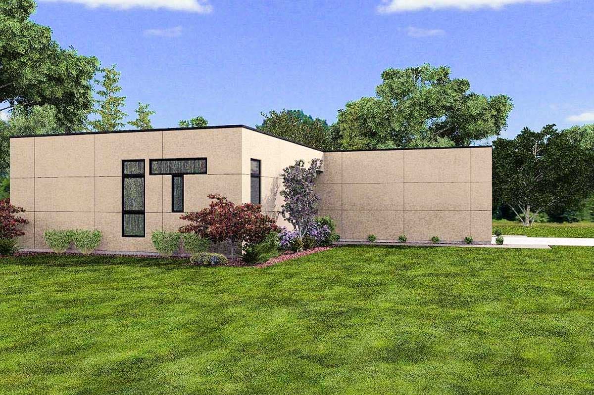 Modern house plan exterior with flat roof, beige siding, and geometric windows.