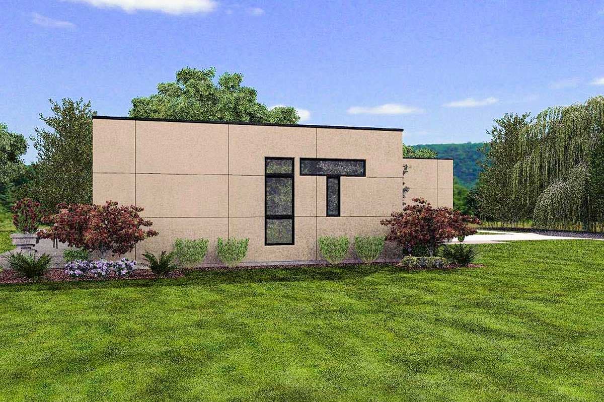 Modern house plan exterior with a flat roof, beige siding, and asymmetric window arrangement.