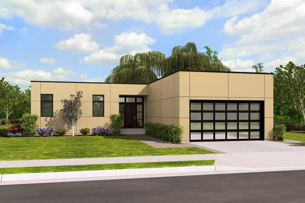 House plan exterior. Modern, one-story house with flat roof, rectangular windows, and a glass-paneled garage door.