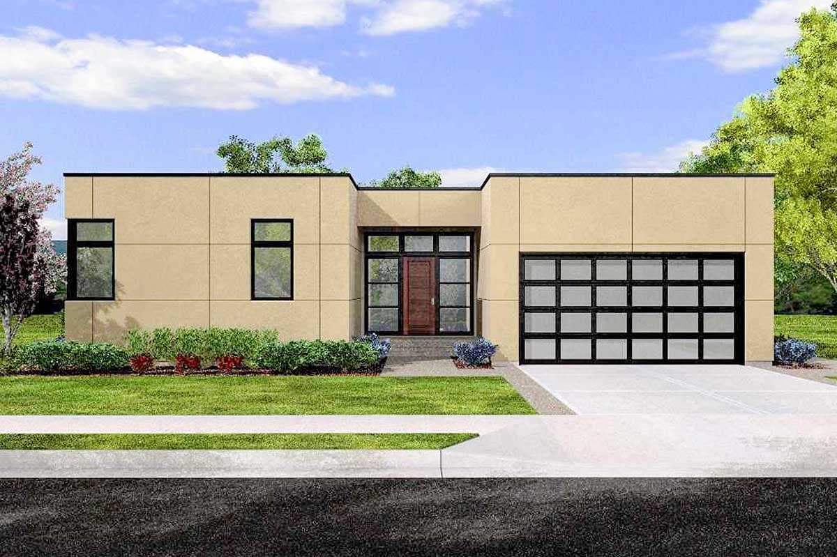 Modern house plan exterior with flat roof, beige siding, large glass garage door, and prominent entry with sidelights.