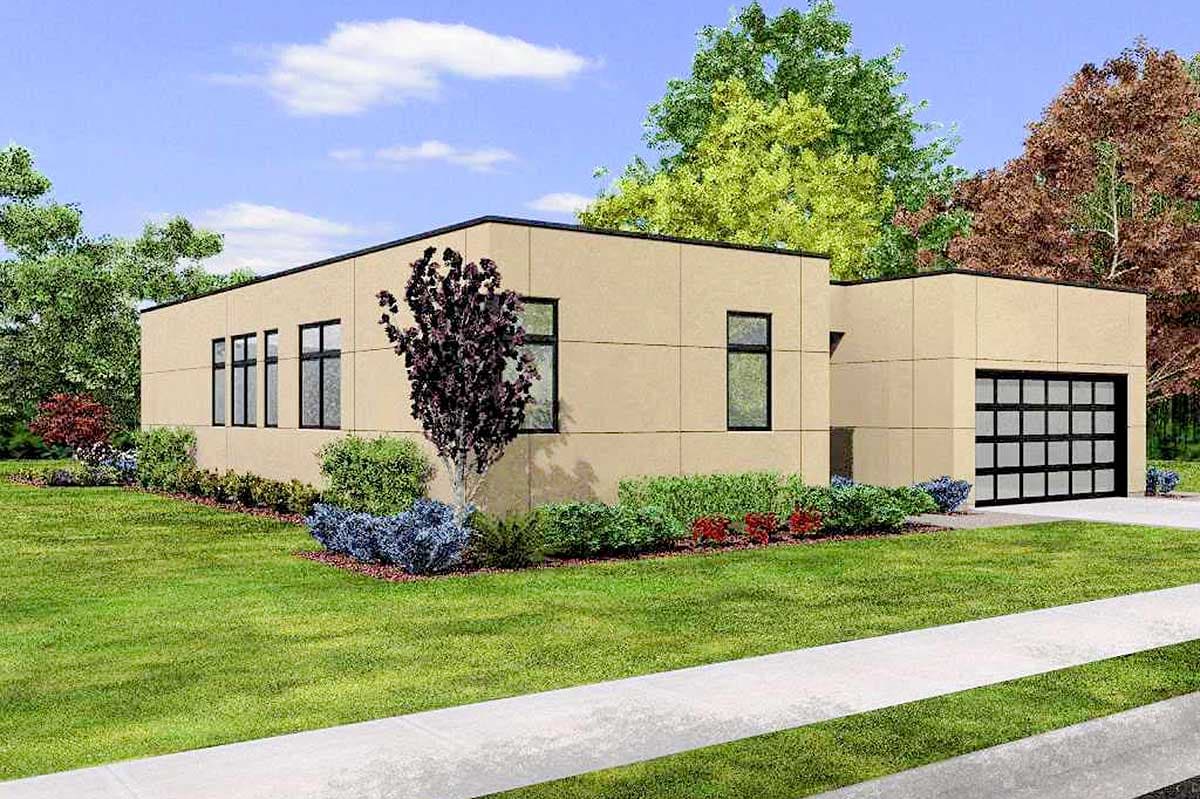 Modern house plan exterior with flat roof, stucco siding, horizontal windows, and a two-car garage with glass panels.