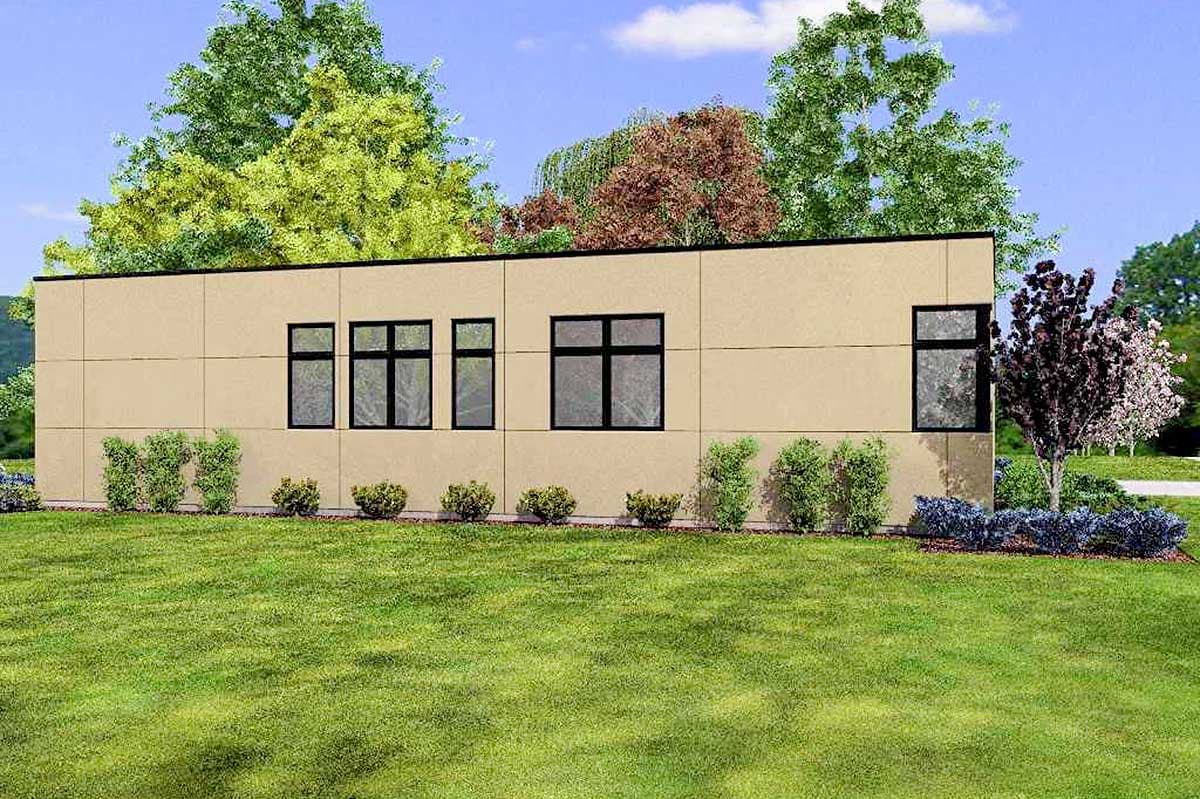 Modern house plan exterior with beige siding, flat roof, and multiple dark-framed windows.