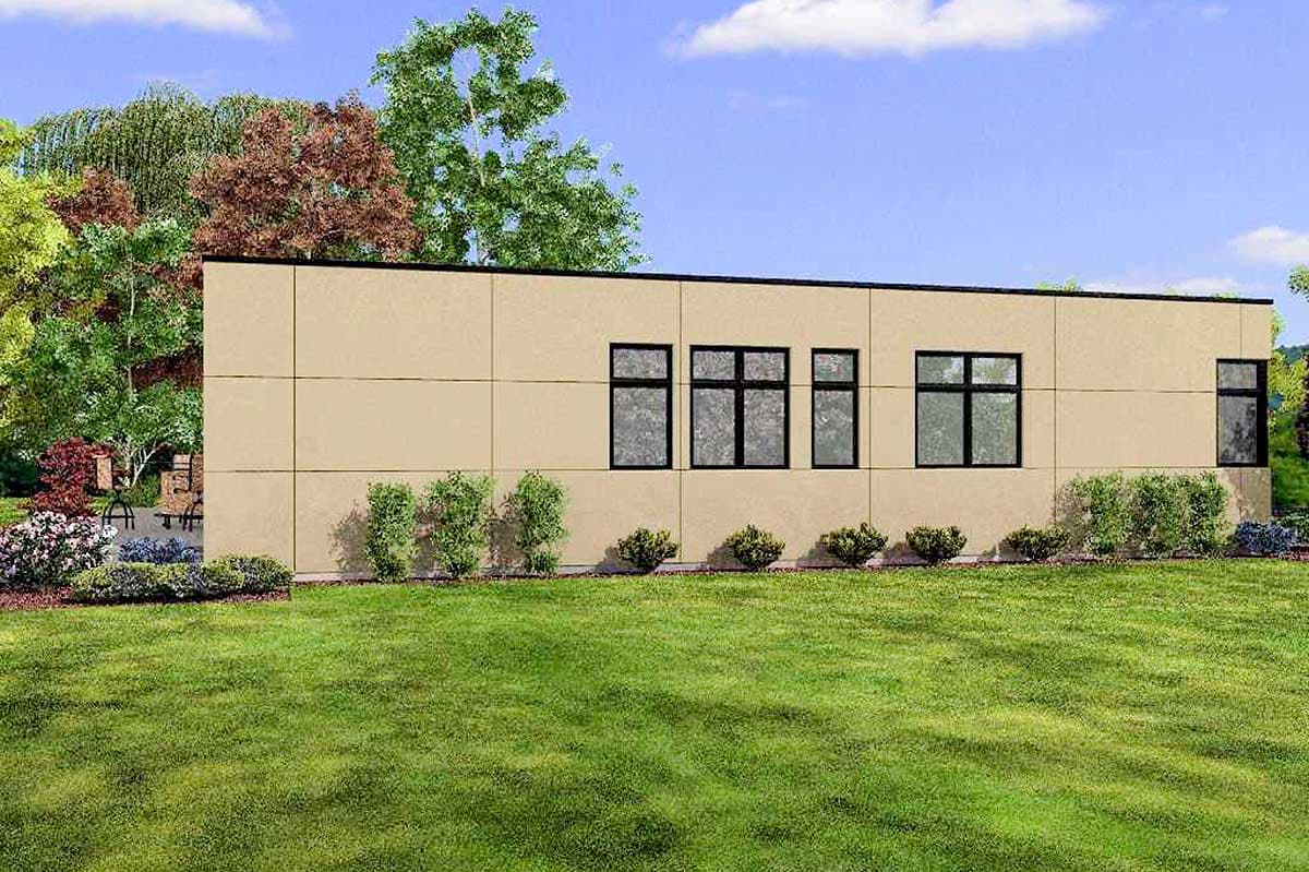 Modern house plan exterior with beige panels, flat roof, and multiple dark-framed windows.