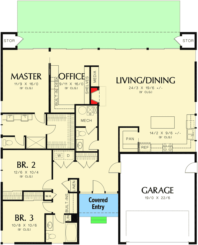 Plan 69627AM: Modern Three Bedroom House Plan - Floor Plan - Main Level - Contemporary, Modern