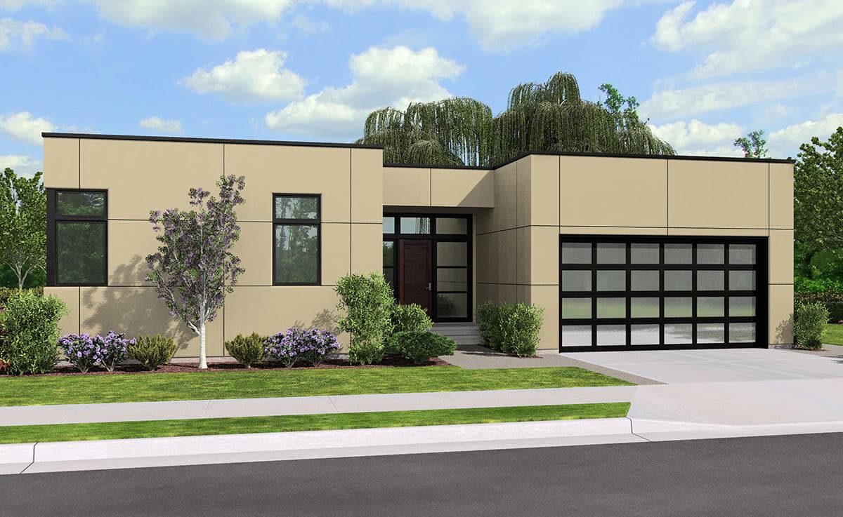 House plan exterior. Modern style, single story. Features include flat roof, glass garage door, and entry door with sidelights.