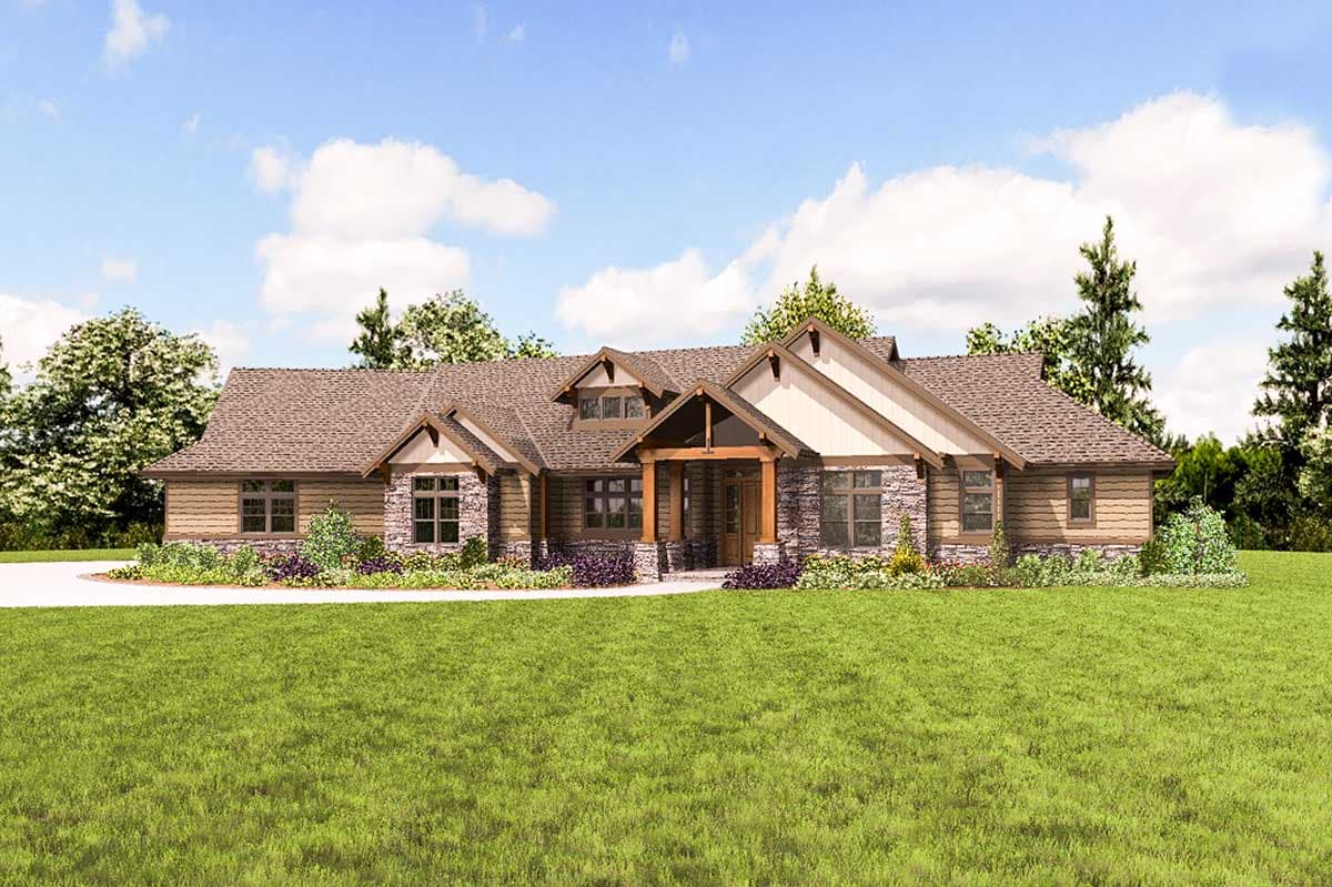House plan exterior with stone accents, prominent timber-framed entrance, multiple gables, and wide eaves.