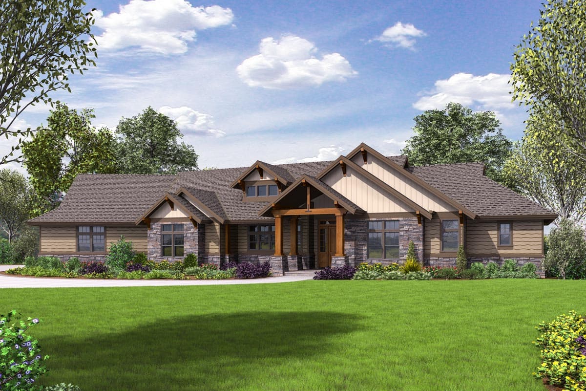 House plan exterior featuring a Craftsman style, single story, with gables, stone accents, and a covered entry porch.
