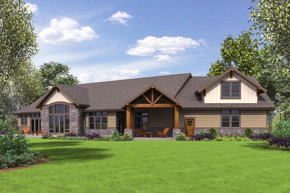 House plan exterior: Ranch style with stone accents, a covered porch with timber supports, and dormers.