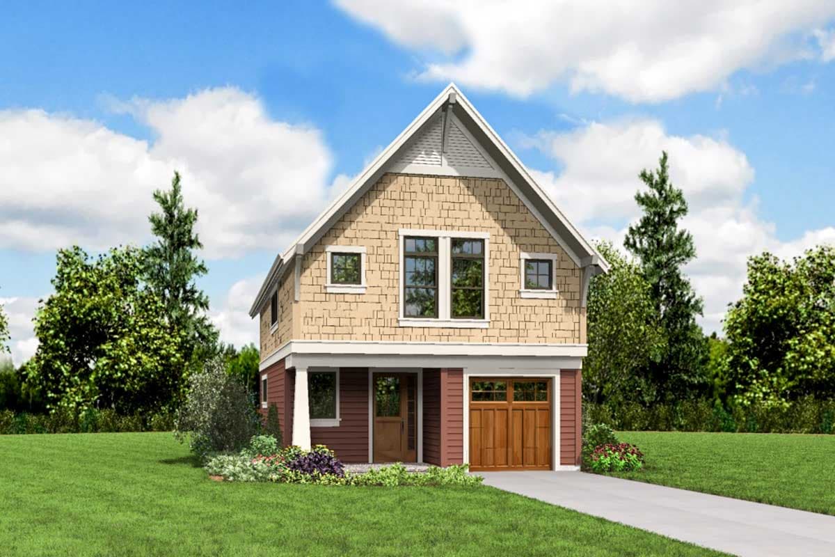 House plan exterior: Two-story home with shingle siding, prominent gable, and attached garage with wooden door.