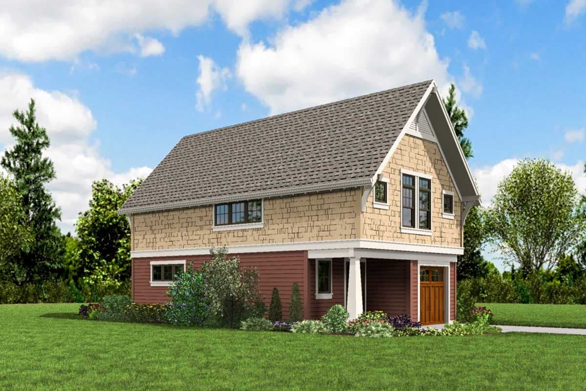 House plan exterior: Two-story home with gable roof, shingle siding, and covered entrance to garage.
