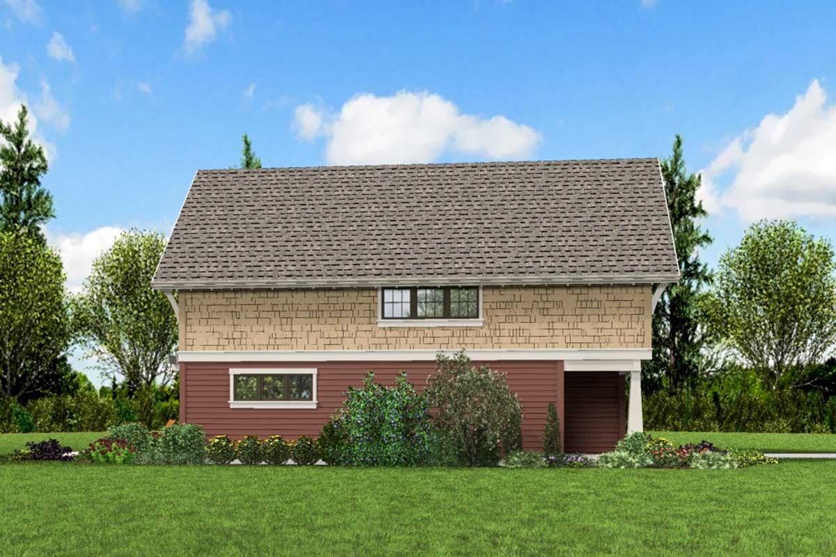 House plan exterior view: Two-story home with shingle siding and horizontal lap siding, hipped roof, and attached garage.