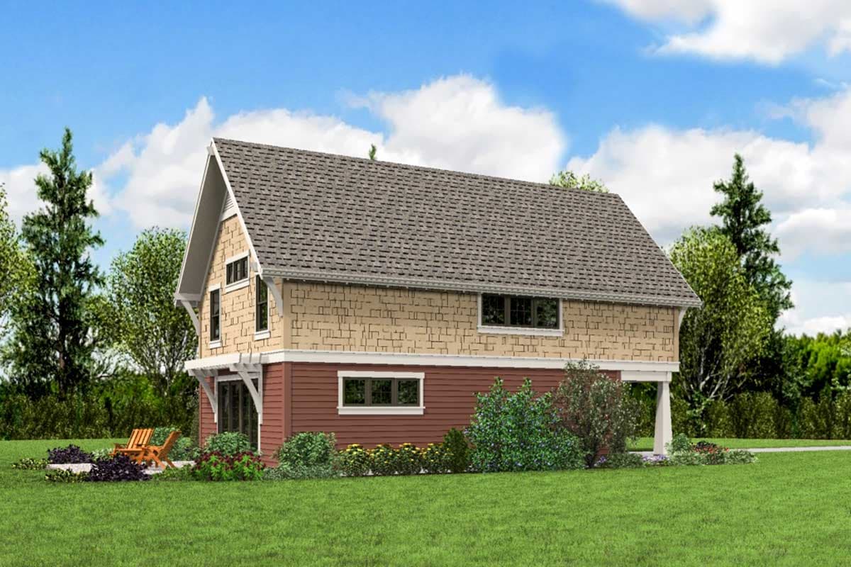 House plan exterior: Two-story building with gable roof, dormer windows, and mixed siding.